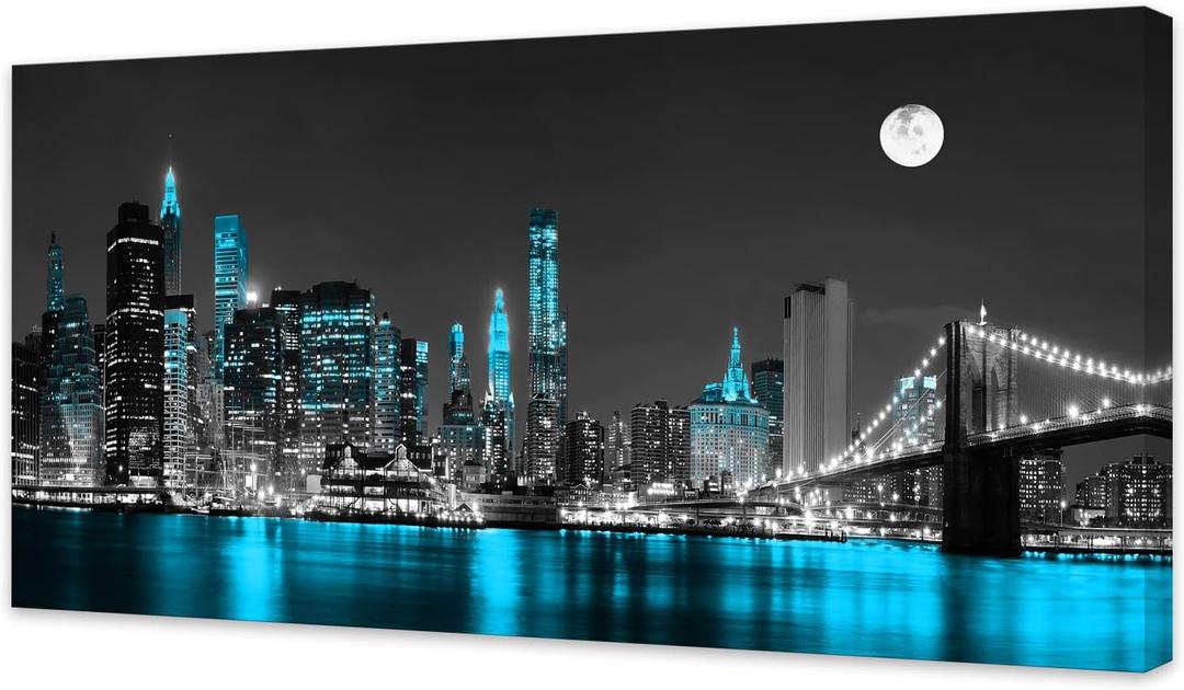 Jiuqinghua Wall Art Decor Canvas Print Picture 1 Panel Black White and Blue New York Brooklyn Bridge Cityscape Night Building Painting for Kitchen Office Home Decor Framed Ready to Hang 30x60inch