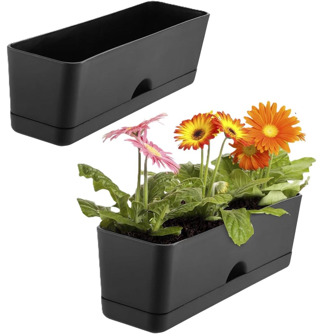 2-Pack Large Window Boxes Planters 16 Inch Rectangle Plant Box Rectangular Planters for Outdoor and Indoor Plants Plastic Windowsill Planter for Herbs Vegetable Flowers Long Window Sill Planters (Black)