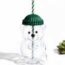 Cute Bear Glass Tumbler with Straw and Lid, Reusable Clear Drinking Cup, Aesthetic Iced Coffee Juice Water Glass Cup (Green)