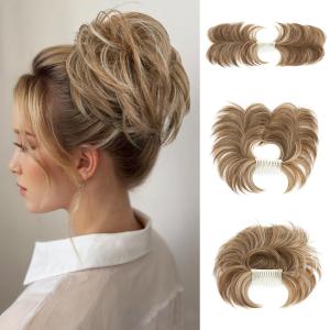 Messy Bun Hair Piece Side Comb Clip in Hair Bun Hairpiece for Women Short Natural Straight Versatile Adjustable Styles Easy Hair pieces Beige Multi-S
