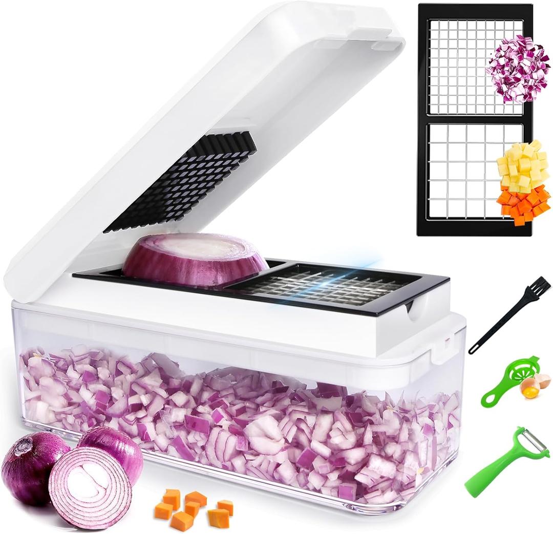Vegetable Chopper, Onion Chopper Dicer, Mandoline Slicer, Food Chopper with Container, Vegetable Cutter for Salad Potato Carrot Garlic2 Blades, White Black