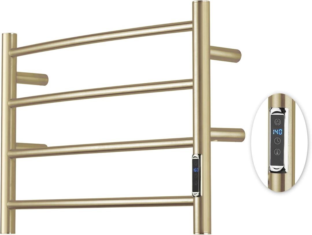 Heated Towel Racks for Bathroom, Wall Mounted Electric Towel Warmer Racks with Timer & Temperature Control, 4 Bar Stainless Steel Towel Heater for Bathroom, Brushed Gold, Plug-in