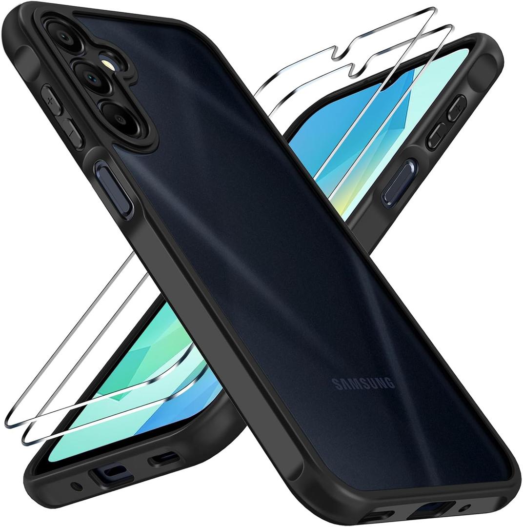 ivoler 3-in-1 Case for Samsung Galaxy A16 5G with 2 Pack Tempered Glass Screen Protector, [Military Grade Protection] Matte Thin Slim Phone Bumper Cover Hard Back [Anti-Scratch] [Non-Yellowing]-Black