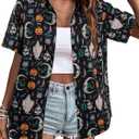 Halloween Button Down Shirts for Women Pumpkin Skull Print Blouses Hocus Pocus Hawaiian Holiday Short Sleeve Tops (Black, M)