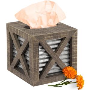 Autumn Alley Barn Door Rustic Square Farmhouse Tissue Box Cover, Farmhouse Bathroom Accessories, Rustic Bathroom Dcor Tissue Holder, Wood Tissue Box Cover with Galvanized Decor (Brown)