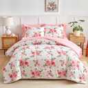 Flower Comforter Sheet Set White Bed in a Bag 7 Pieces Queen Size Dark Pink Floral Microfiber Bedding Set (1 Comforter 2 Pillow Shams 1 Pink Flat Sheet 1 Fitted Sheet 2 Pillowcases)