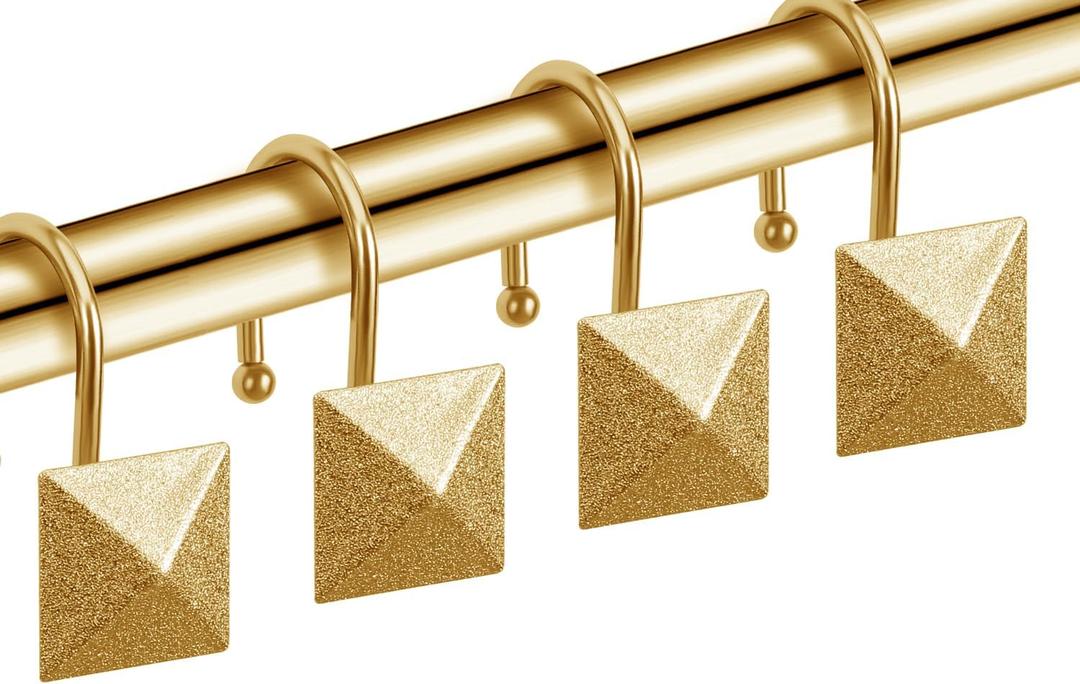 Gold Shower Curtain Hooks, CHICTIE Shower Hooks for Shower Curtain, Rustproof Decorative Shower Curtain Rings for Bathroom Rod, Modern Metal Brass Shower Curtain Hangers, Square Pyramid Set of 12