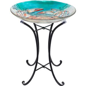 MUMTOP Bird Baths for Outdoors, Crab Glass Large Bird Bath Bowl with Metal Stand, Bird Feeders for Outside and Garden, Patio,Lawn Decor