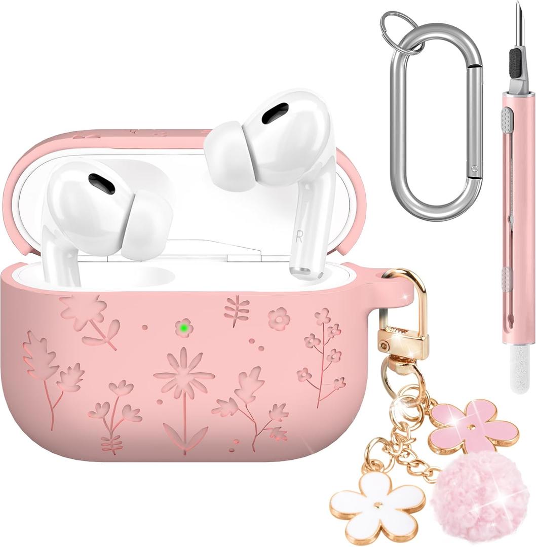 Seltureone Compatible with AirPods Pro 3 Case 2025 Cute with Cherry Blossom Keychain and Cleaning Kit, Soft Silicone Shockproof Flower Engraved Cover Compatible with AirPod Pro 3 Case Cover - Pink