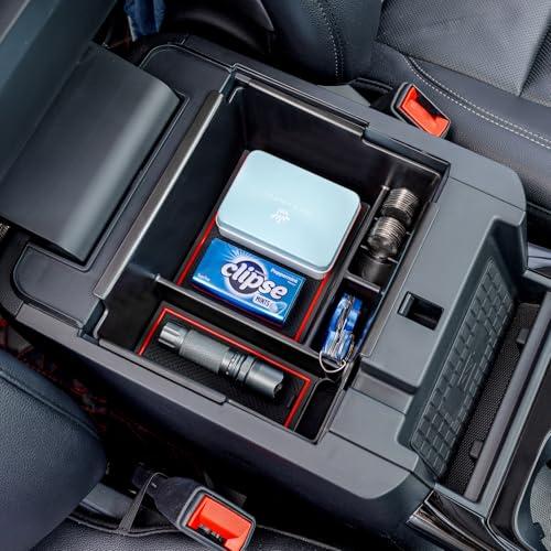 TOPINSTALL 2020-2026 Ford Explorer Console Organizer Tray - Compatible with 2020+ Ford Explorer Deep Armrest Storage Box with Coin Holder & Non-Slip Mats, Red Interior 6th Gen Explorer Accessories