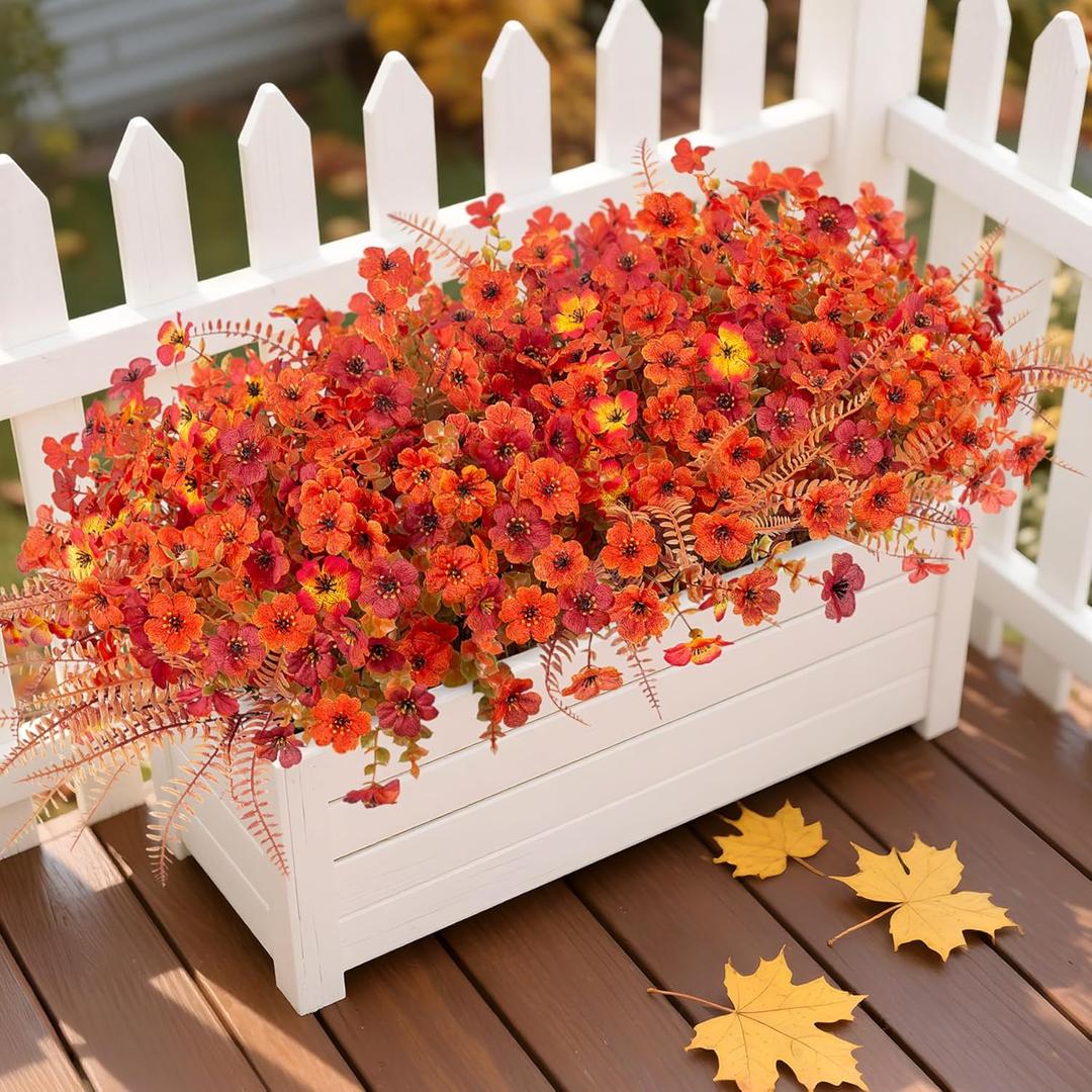 12 Bundles Fake Mums Fall Flowers Artificial for Outdoors Decoration Artificial Mums Faux Plants Daisy for Outdoor Outside Planters UV Resistant Violets for Fall Decor Home Porch Door Front Patio Yard (Orange, Autumn Red, Sunset Blush, Fernwood Autumn)