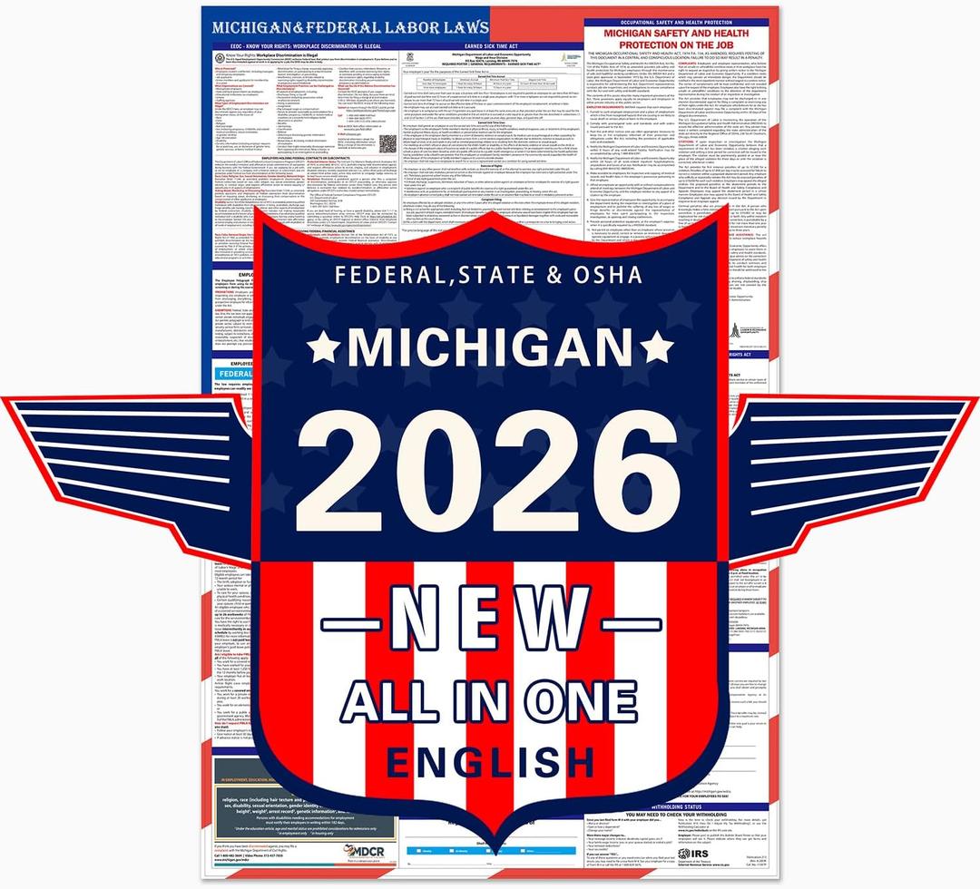 ZLODEPIP 2026 Michigan State and Federal Labor Laws Poster  OSHA Compliant Laminated 24" x 36" English 1 Pack Folded