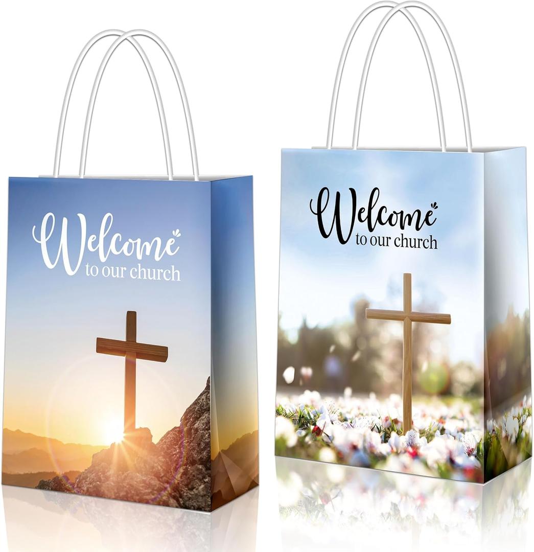 YHNTGB 16Pcs Church Welcome Bags with Handles Religious Gift Handbag for Guest Baptism Bulk Hotel Birthday Theme Party Supplies 5.9 X 3.15 X 8.27inch 2 Types Kraft Paper (Landscape)