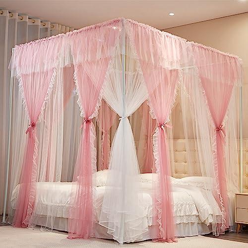 AIOOO 4 Corners Post Princess Curtains Bed Canopy for Girls 8 Panels Curtain- Double Layer Sheer Mesh Canopies Drapes Girls Room Decor (8P-Pink/White, 4P(33"x82") W+4P(43"x82") L/(Queen))