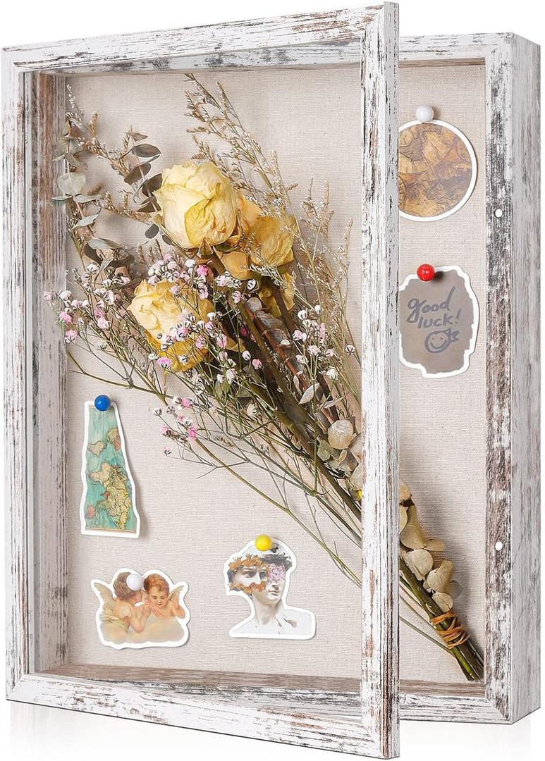 Califortree 12x16 Large Shadow Box Frame with Linen Back - Plexiglass Cover, Sturdy Rustic Memory Display Case of Flower, Pictures, Medals and More, Distressed White