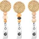 3 Pieces Boho Badge Reel ID Rattan Badge Reels ID Badge Reel Cute Retractable Nurse Badge Holder Christmas Gift Wood Bead Nature Name Badge Holder for Worker Nursing Supplies