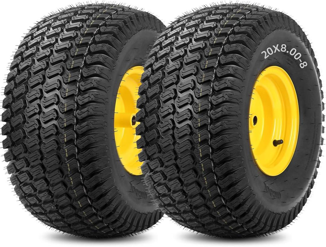 20x8.00-8 Tire and Wheel, 4 Ply Tubeless Lawn Mower Tire Replacement 20x8-8nhs Riding Tractor Mower and Rear Tire and Wheel Assemblies, 3.5" Offset Hub, 3/4" Borehole, and 3/16" Keyway, 2 Pack