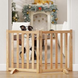 24" Height Tall Freestanding Pet Gate, Solid Wood Folding Safety Fence Wooden Dog Gate with 2 PCs Support Feet Ideal for Stairs, Doorways, Halls, Kitchens, Heavy Duty Gates, 2 Panels, Natural