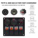 Red 4 Gang Marine Waterproof Boat Switch Panel Aluminium Panel with 12V Voltmeter Type-C and QC3.0 USB Charging Socket Rocker Witch Panel for Car Boat