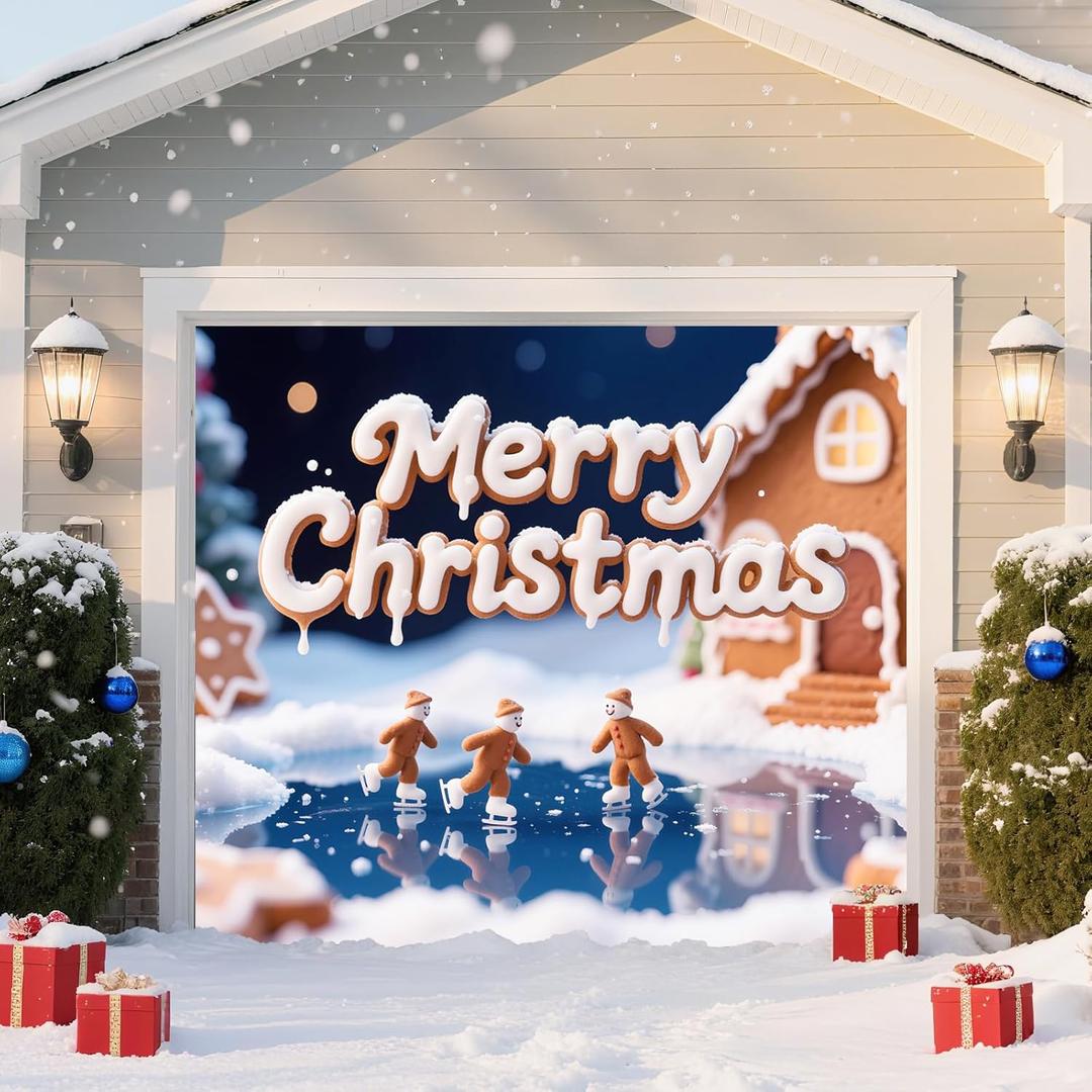 TTCHANG Christmas Garage Door Cover Merry Christmas Banner Large Garage Door Decorations for Indoor Outdoor Xmas Holiday Party Supplies, Skating 7 x 8 ft