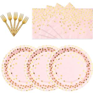 2 x Gold Dot Paper Plates and Napkins Party Supplies,Serves 25 Guests Plates and Napkins,Disposable Paper Tableware Set for Birthday Wedding Bridal Shower Baby Shower Decorations (Pink Gold)