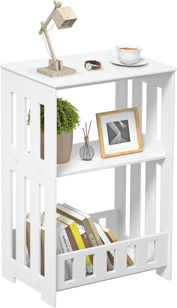 3 Tier Side Table Night Stand, Narrow End Table with Display Shelf, Small Bookcase Bookshelf, Simple Bedside Table Storage Rack for Bedroom, Living Room, Office, Bathroom, White
