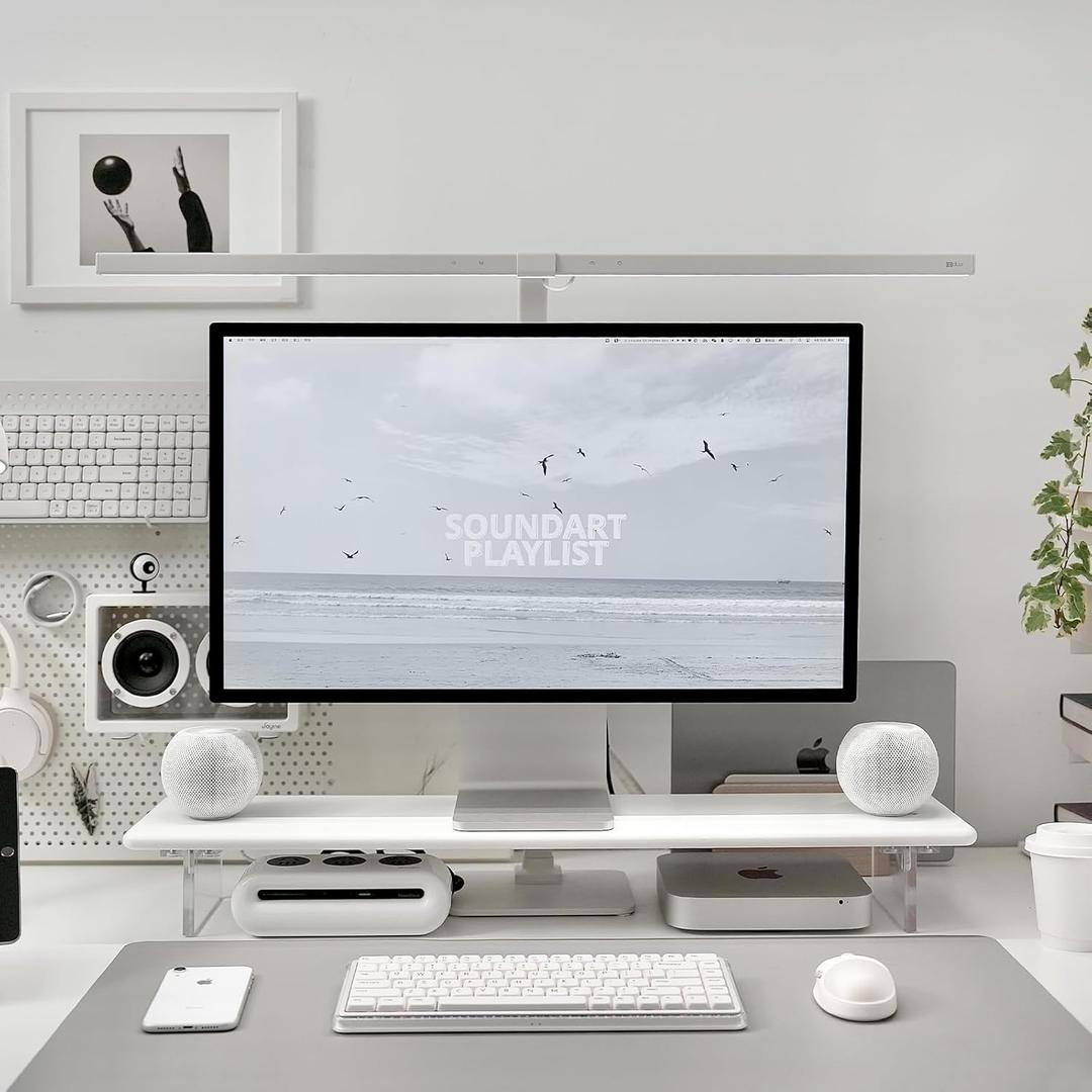 Bamboo Monitor Stand Riser with Acrylic Legs for Desk, 31.5 Inches Desktop Shelf Supports for PC Computer Monitor, Laptops, Printer, Speakers (White)