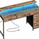 Huuger Gaming Desk with 6 Drawers, Computer Desk with LED Lights Power Outlets and Type-C, 47 Inch Office Desk with Storage, Monitor Stand, Writing Desk Work Desk for Home Office, Study, Rustic Brown