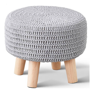 LGENHOOM Boho Ottoman Foot Stool Cotton Knitted Round Pouf Ottoman Foot Rest Stool with NonSkid Wooden Legs Step Stool Padded Seat for Living Room Gray
