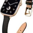 STIROLL Slim Leather Bands Compatible with Apple Watch Band 49mm 46mm 45mm 44mm 42mm(Series 3 2 1), Top Grain Leather Watch Thin Wristband for iWatch Ultra SE Series 11 10 9 8 7 6 5 4(Black Gold)