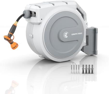 Giraffe Tools Retractable Garden Hose Reel 5/8" 90FT Wall Mount Light Grey | Any Length Lock,Auto Rewind System,180° Swivel Bracket,Heavy Duty Hybrid Hose,Easy to Assemble,7 Spray Patterns(Used)
