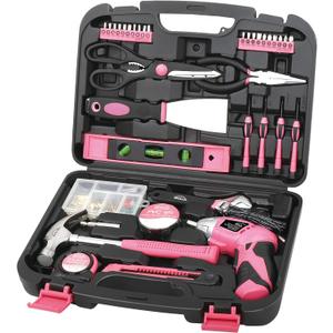 Apollo Tools 135 Piece Household Pink Hand Tools Set with Pivoting Dual-Angle 3.6 V Lithium-Ion Cordless Screwdriver - DT0773N1
