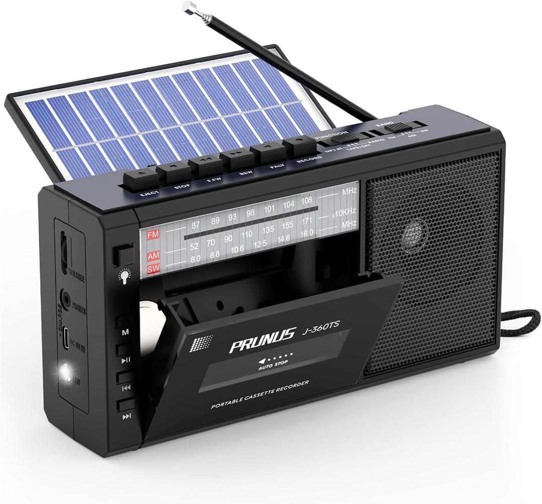 PRUNUS J-360 Cassette Tape Player Boombox with Bluetooth,Tape Player Recorder, AM FM Portable Radio,Solar/Battery Operated/Rechargeable,AUX/TF/USB Drive, Headphone Jack,Tape Recorder Cassette Player