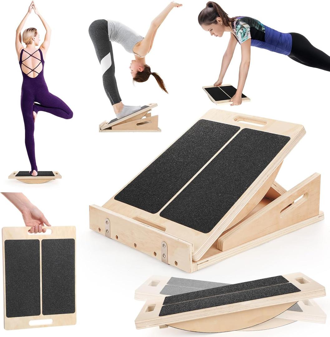 Chunful 3-in-1 Balance Board Adjustable Slant Board, Extra Double Side Handle Design, 4 Angles (1535) Wooden Non-slip Incline Calf Ankle Stretcher for Core Strength, Squat, Foot Heel Practice