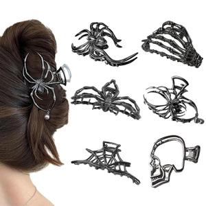 6 Pcs Metal Hair Claw Clips, Gothic Black Spider Web Skeleton Hand Skull Design Hair Jaw Clips Large Non-Slip Catch Halloween Hair Accessories for Women Girls Thick Long Hair