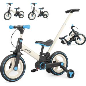 JMMD 6 in 1 Toddler Bike with Push Handle for Kids 18-60 Months, 12" Foldable Balance Bike with Training Wheels, Pedals, Brakes, Kickstand, Push Tricycle Toddler Gift & Toys for Boy & Girl, Large