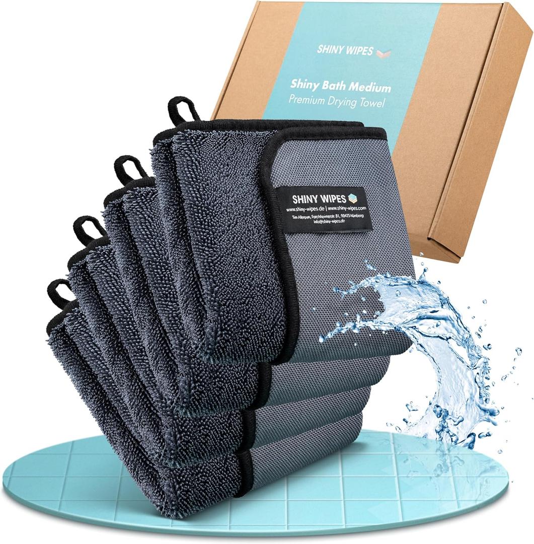 Shiny Wipes Medium Drying Towel, The Original, 12x16in/30x40cm, Ultra Absorbent Twisted-Loop Design, Streak-Free Towel Cloth for Shower, Household, Car, No Streaks or Limescale (4 Towels) (Grey)