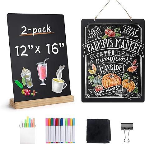 SELEAD Chalk Board Sign Board - 2 Pack 12x16 Inch Decorative Chalkboard with Wooden Stand + Hanging Rope, Table & Wall Decor, Double-Sided Message Menu Food Board for Business, Wedding