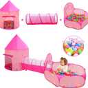 3PC Princess Tent for Girls with Kids Ball Pit, Kids Play Tents and Crawl Tunnel for Toddlers, Pink Pop Up Playhouse Toys for Baby Indoor& Outdoor Tent Games (Pink Tent with Stars 3 Pack)