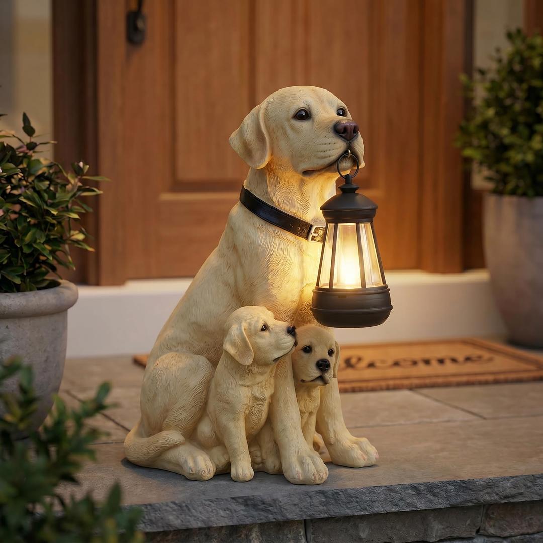 Solar Light Labrador Dog Garden Statue with Lantern Resin Outdoor Decor, 7.28"D x 10.24"W x 11.61"H