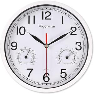 8 Inch White Wall Clock, Sweep Silent Movement Accurate Clocks with Temperature & Humidity, Decorative for Kitchen/Living Room/Bedroom/Office/School/Classroom