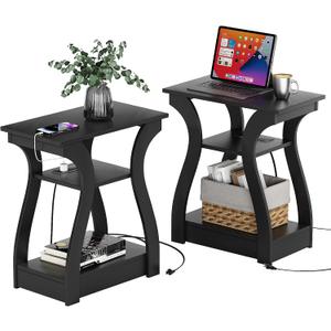 End Tables Living Room Set of 2 with Charging Station, Black, 11.81"D x 19.68"W x 23.62"H