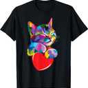 Color Critters Rainbow Cute Cat Hugging Valentine Heart Kitty Love Cat Unisex Adult Multicolor Cotton 65% Polyester 35% Short Sleeve T-Shirt Medium