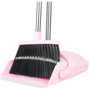 BSKLIN Pink Broom and Dustpan Set, 52-in Handle Broom Dustpan Combo Set Household Hand Broom with Dustpan Teeth to Clean Hair for Home Kitchen Office Lobby Sweeping IndoorPink
