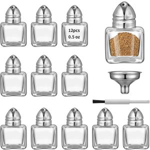 12 Pcs 0.5 oz Cube Shape Small Salt and Pepper Shakers with Tone Tops Clear Mini Glass Seasoning Jars Spice Salt Shakers with Funnel for Wedding Party Restaurant Home Kitchen (12, Silver)