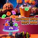 Geelin 38 Pcs Witch Theme Party Supplies Pink and Green Witch Hat Birthday Cake Topper Halloween Mini Broom and Artificial Rose Head Bat Bow Cake Decorations for Women(Bat)