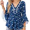 VALOLIA Fall Tops for Women 2025 Womens V Neck Tunic Tops 3/4 Sleeve Womens Tops Dressy Casual Office Clothes Flowy Shirts Flower Blue Medium (M)