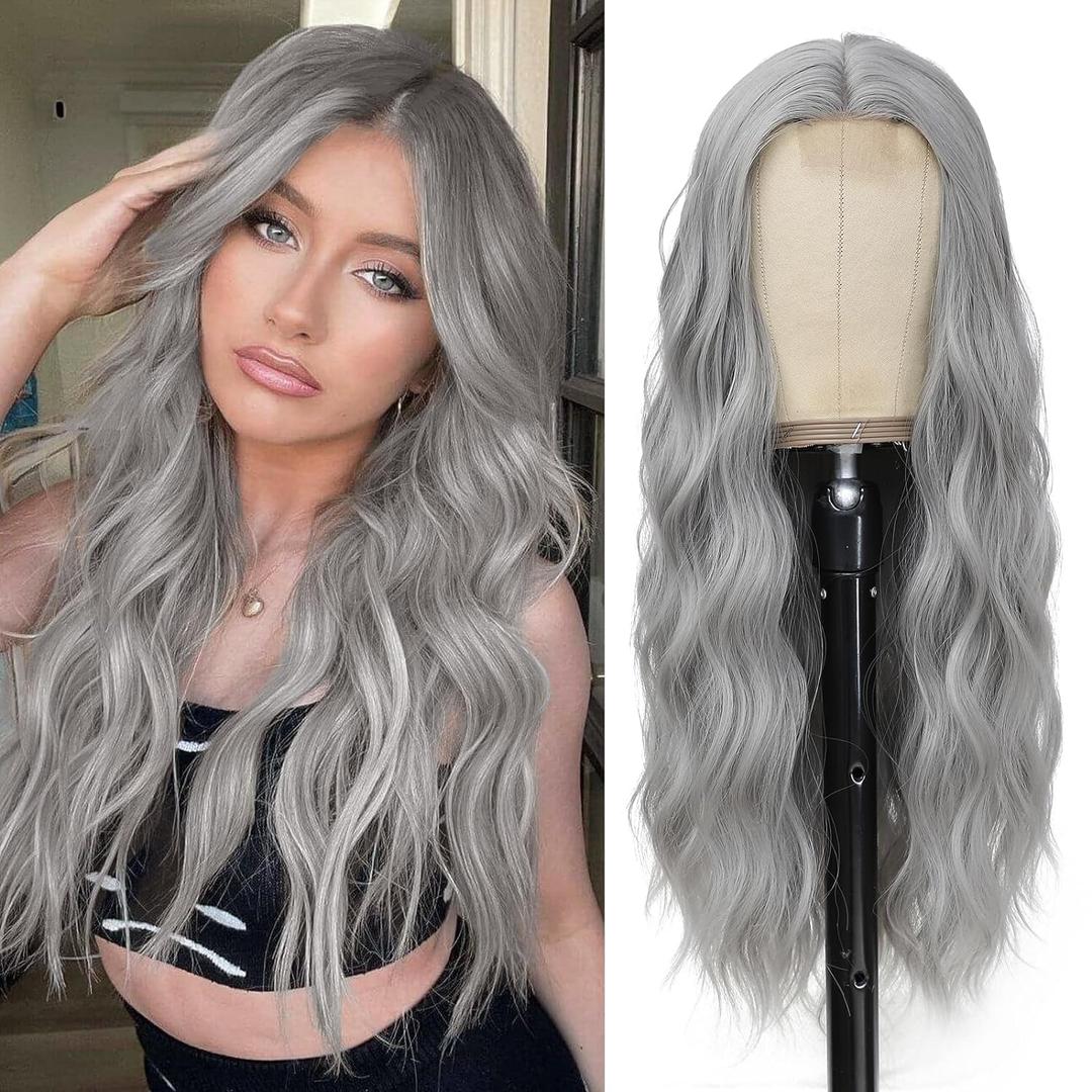 Grey Wig - Long Silver Wavy Wigs for Women Middle Part Gray 26 inch Natural Curly Synthetic Wig Heat Resistant Fiber Wigs for Daily Party Use