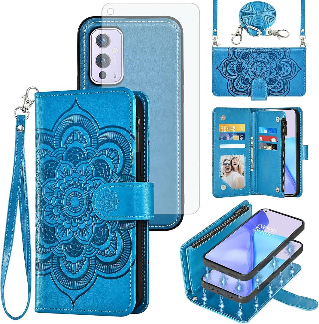 Asuwish Phone Case for OnePlus 9 OnePlus9 5G Zipper Wallet Magnetic Cell Cover with Tempered Glass Screen Protector Strap Flower Card Holder One Plus9 On 1 Plus 1plus One+ 1+ 1+9 Nine Women Girls Blue