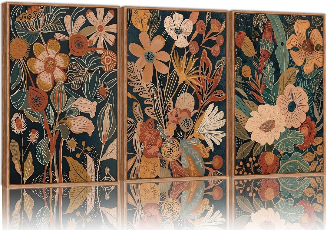 Tinonedraw Burnt Orange Floral Framed Canvas Wall Art Set of 3, Boho Chic Flower Artwork, Mid Century Modern Wall Decor, Colorful Neutral Botanical Art Prints for Bedroom Living Room Office 24"x36", 36L" x 24W"
